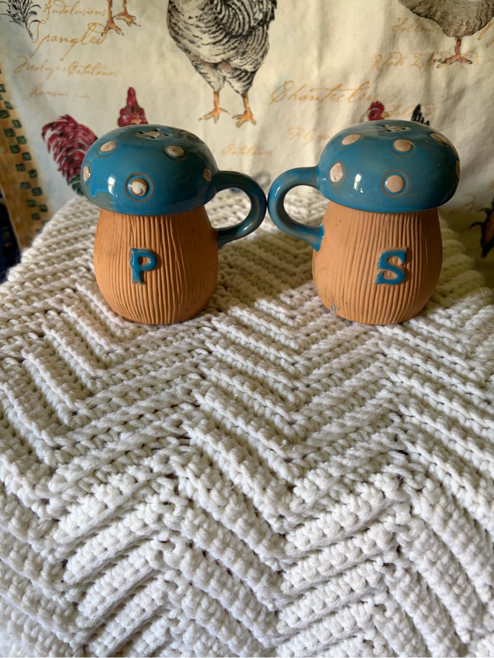 Blue & Tan Ceramic Mushroom Salt and Pepper Shakers - Brand